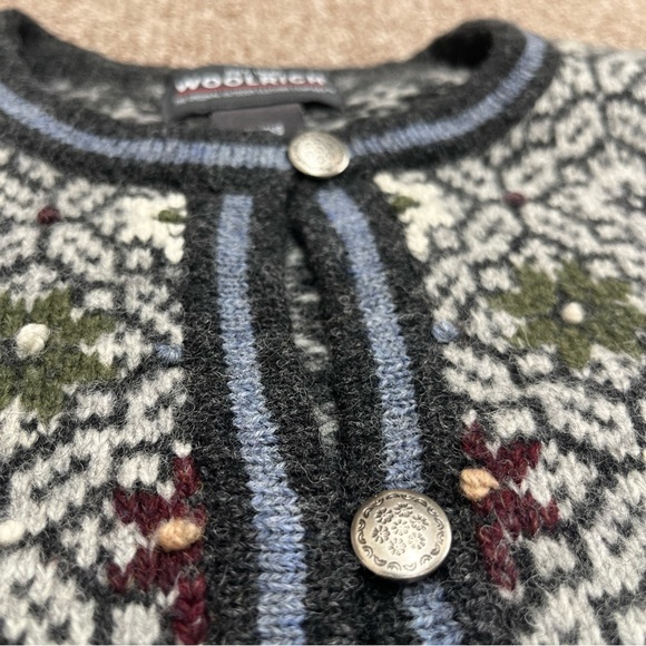 Vintage Woolrich Sweater Women Sz L Large Cardigan Wool Fair Isle Metal Buttons - Picture 3 of 10